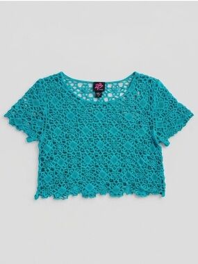 ⁠2B BEBE Teal Crochet Lace Short Sleeve Crop Top Boho Festival / Size S